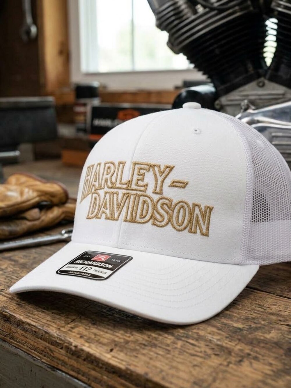 Retro Harley Davidson Hat Gold Embroidered White Richardson 112 Snapback Cap USA